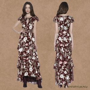 Alice + Olivia - Jenny Flutter Sleeve Maxi Wine Red / Floral Printed Dress